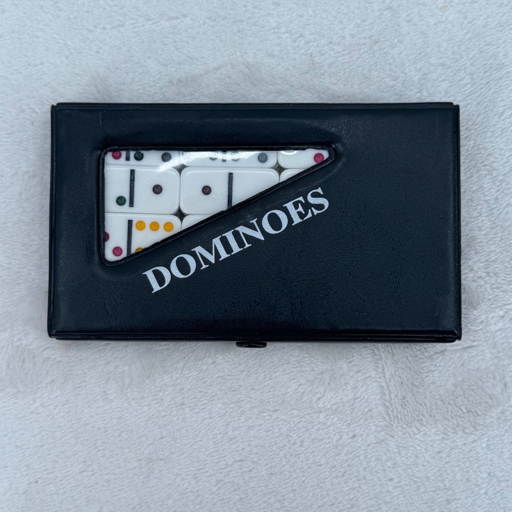 Vintage Pressman Mini Dominoes Black Faux Leather Travel Case 28 Tiles Retro 90s